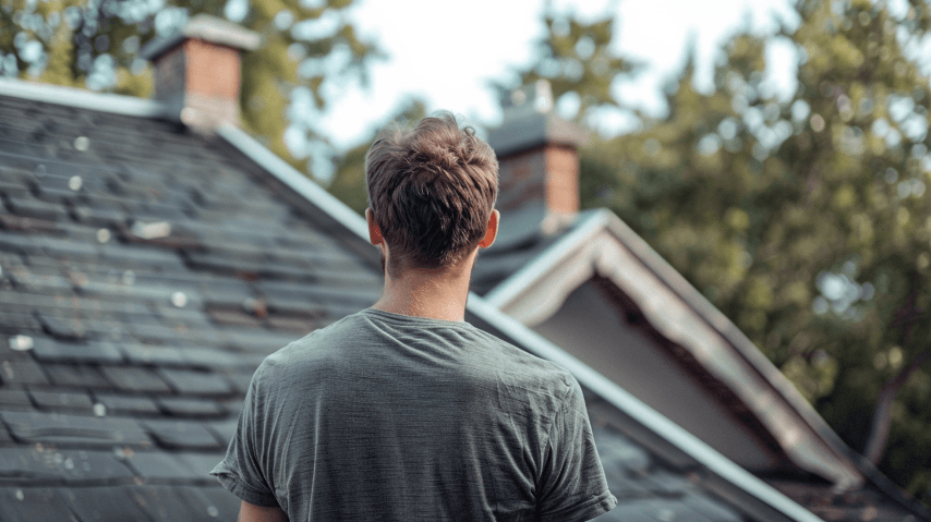 Man Looking at Black Streaks On His Roof